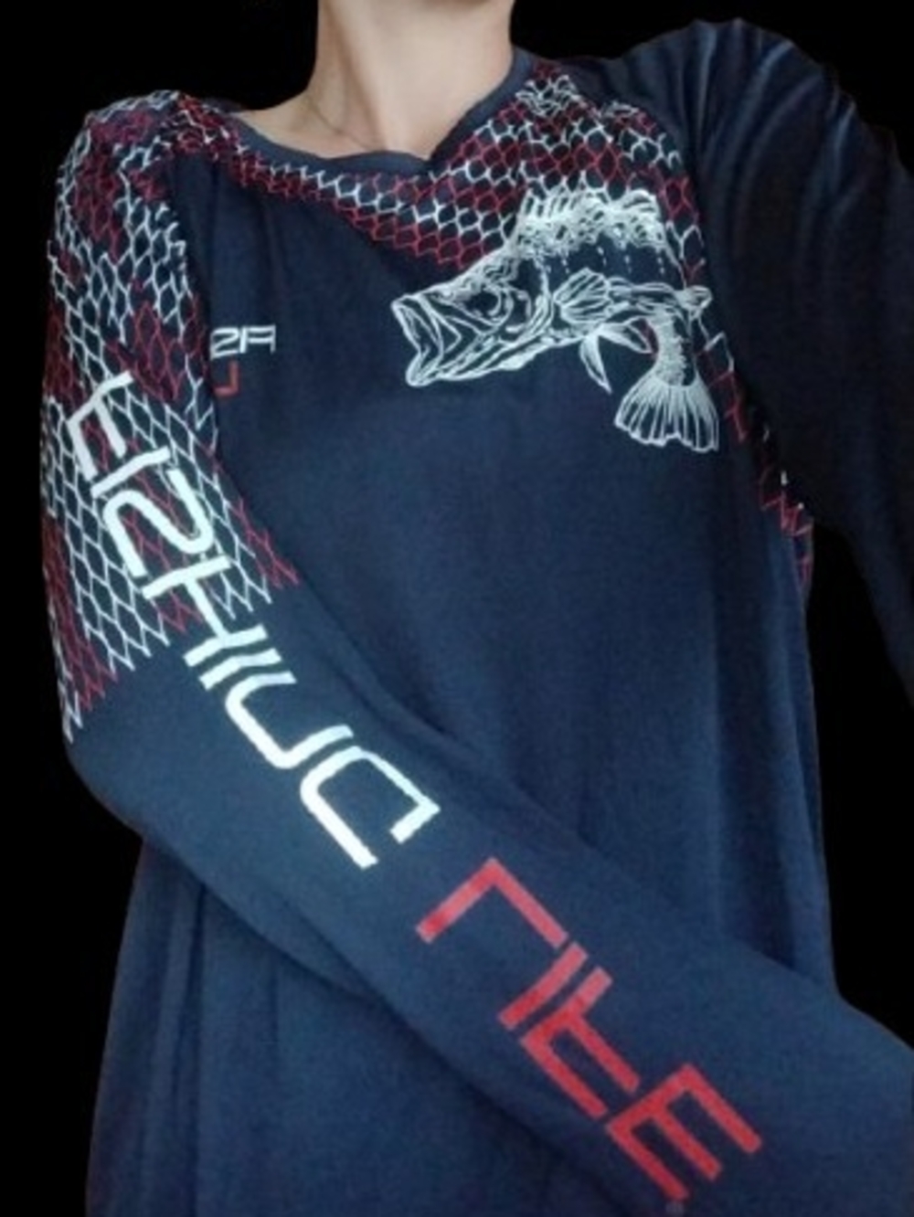Navy Graphic Fishing Long Sleeve Shirt with Red Accents